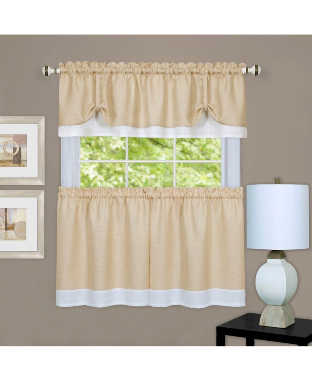 Flax Styled Semi Sheer 3 Piece Tie-Up Kitchen Curtain Tier & Valance Set - 58 in. W x 24 in. L, Sage/Tan - Sage/tan