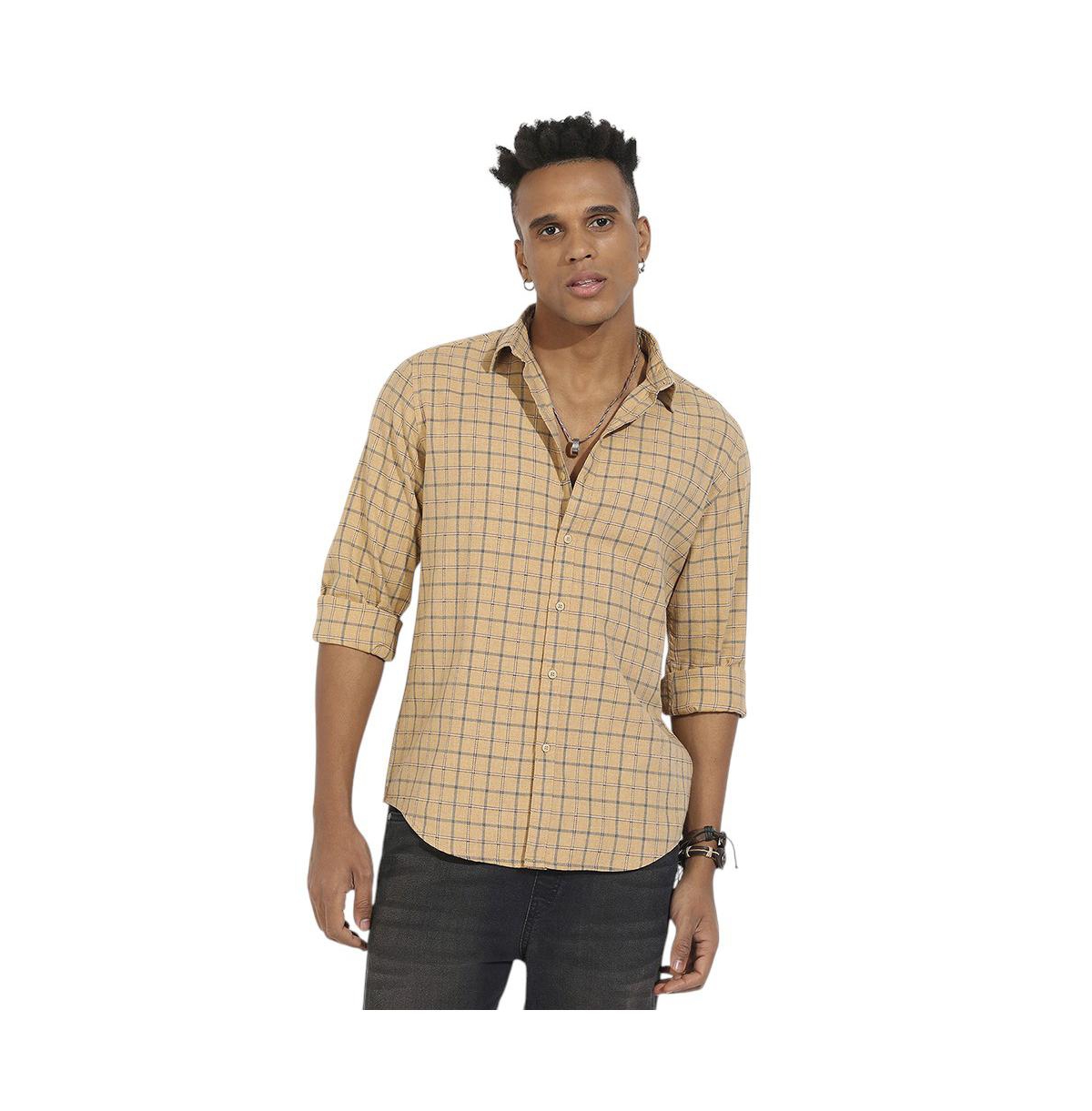 Men's Beige Contrast Tartan Plaid Shirt - Beige/khaki