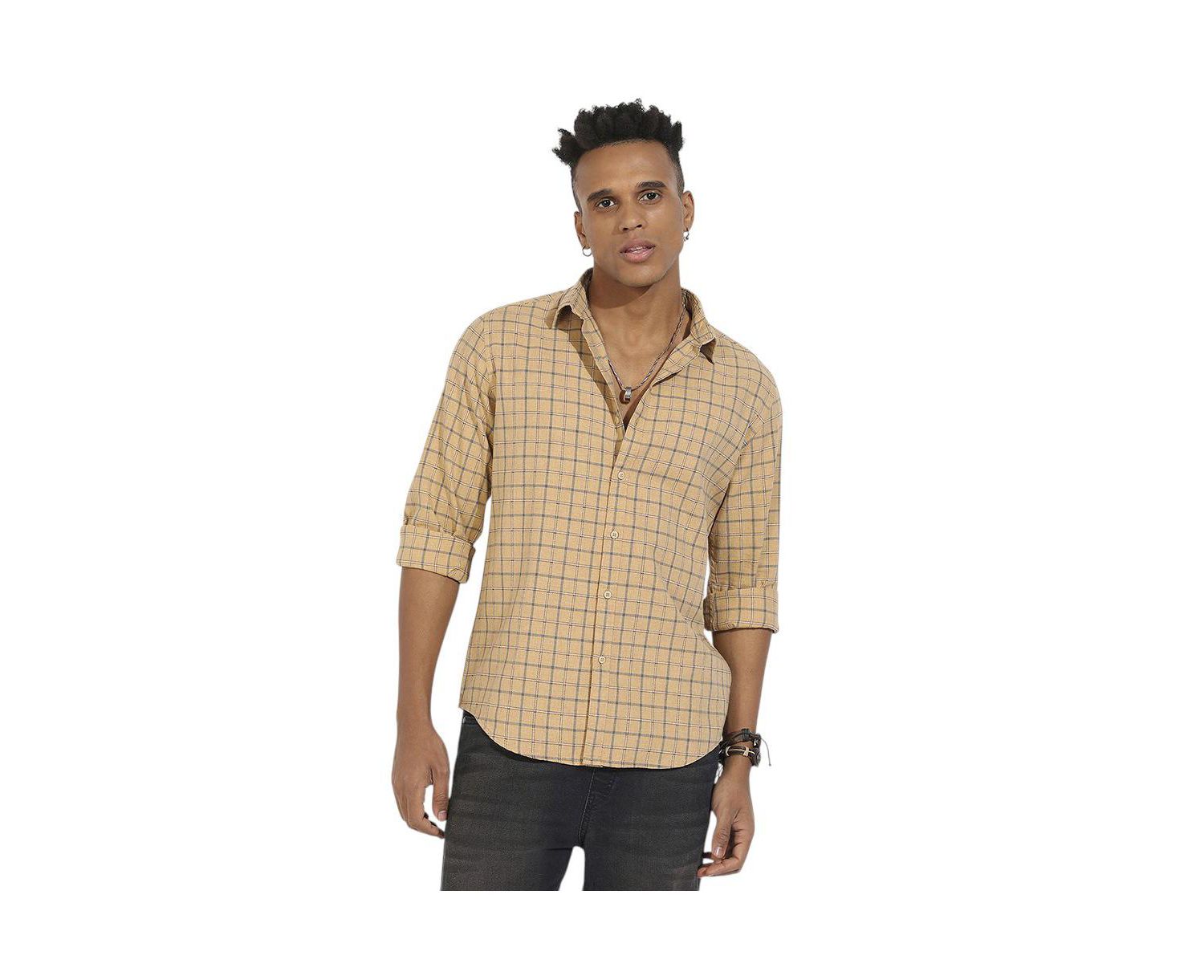 Men's Beige Contrast Tartan Plaid Shirt