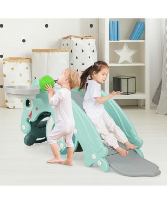 3-in-1 Kids Slide Rocking Horse Set Convertible Toddler Slide w/ Basketball Hoop Green