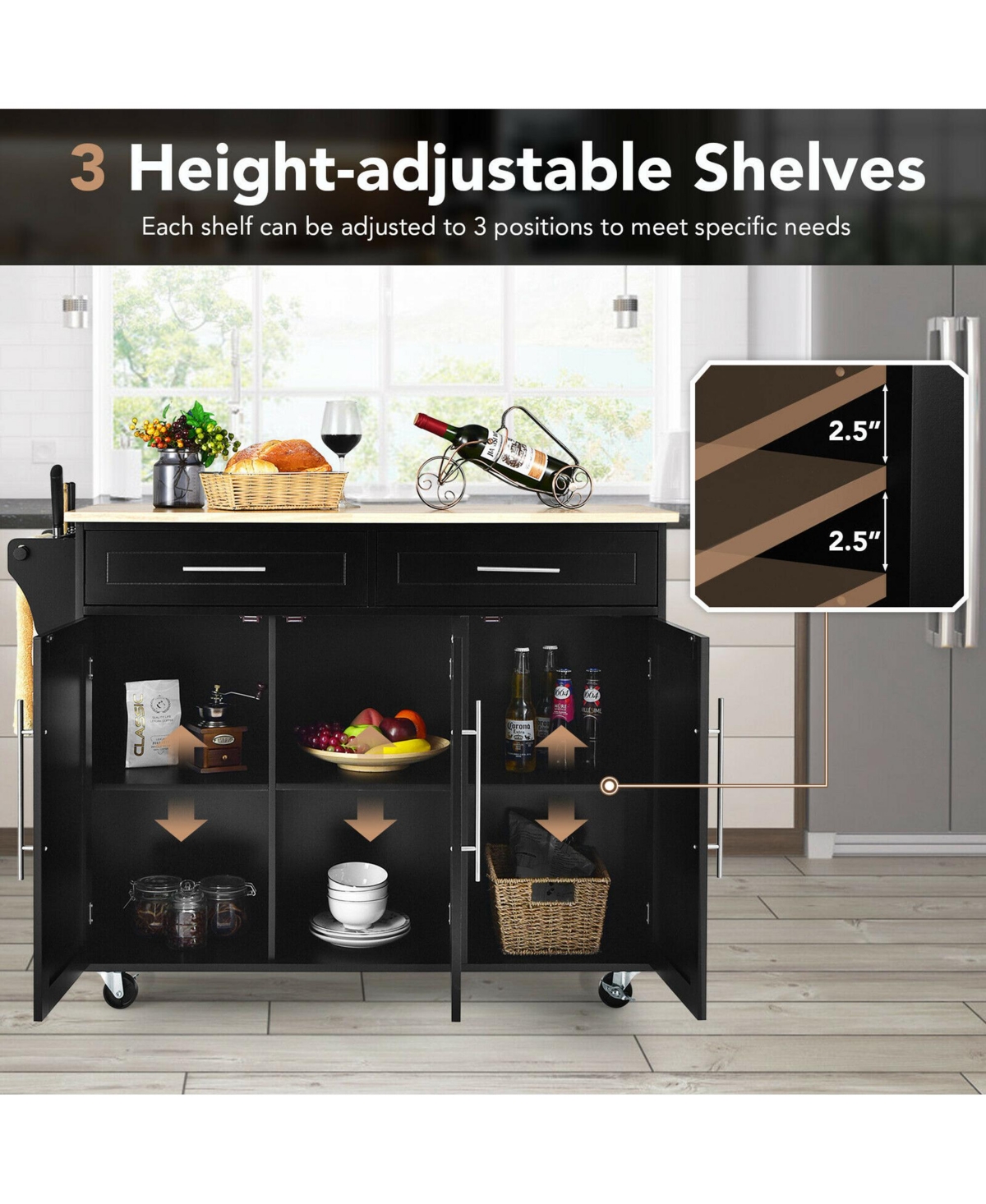 Gymax Kitchen Island Trolley Cart Wood Top Rolling Storage Cabinet w/Knife Block