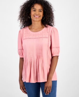 Style & Co - Women's Lace-Trim Puff-Sleeve Blouse
