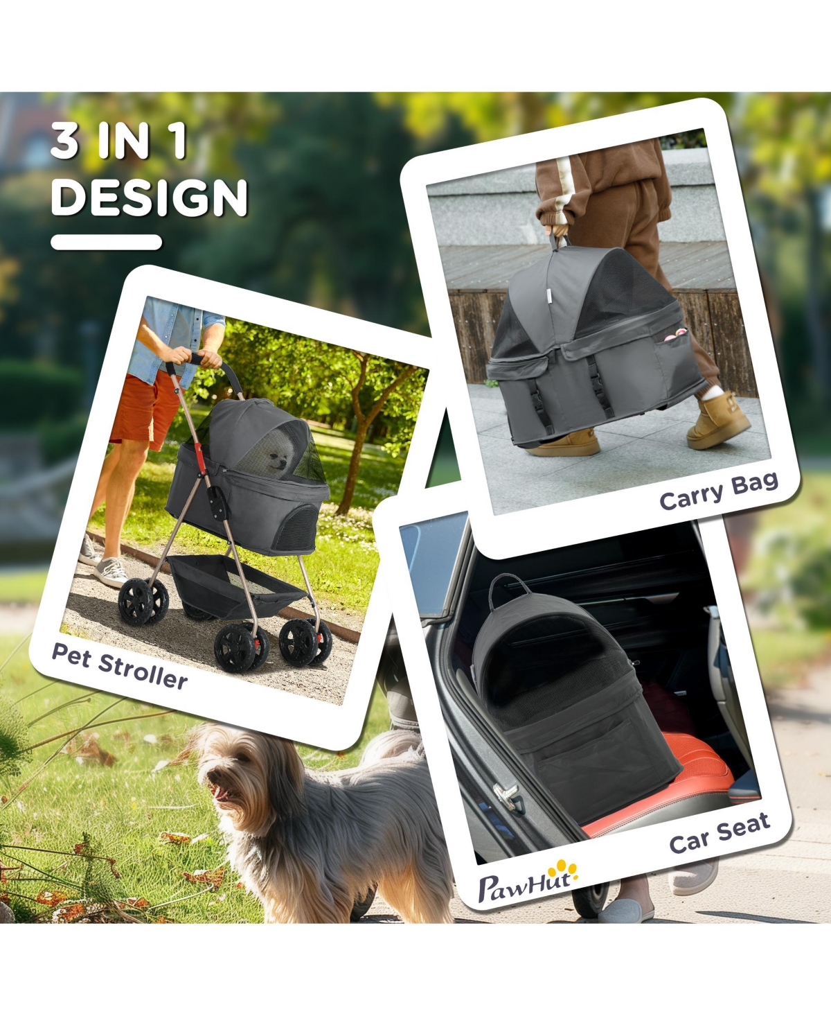 PawHut 3 in 1 Pet Stroller with Detachable Carrier for Mini Dogs and Cats