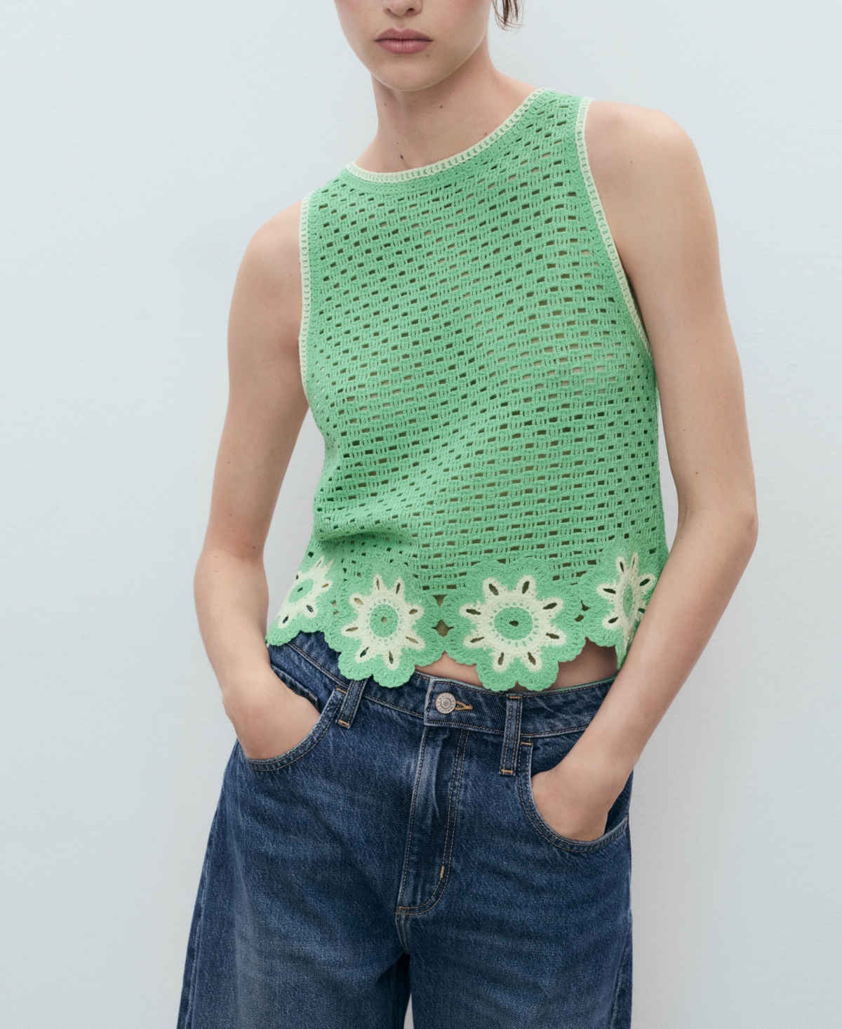 Mango Floral Scallop Crochet Tank In Green