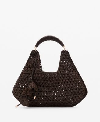 MANGO - Women's Flower Charm Natural Fiber Shoulder Bag