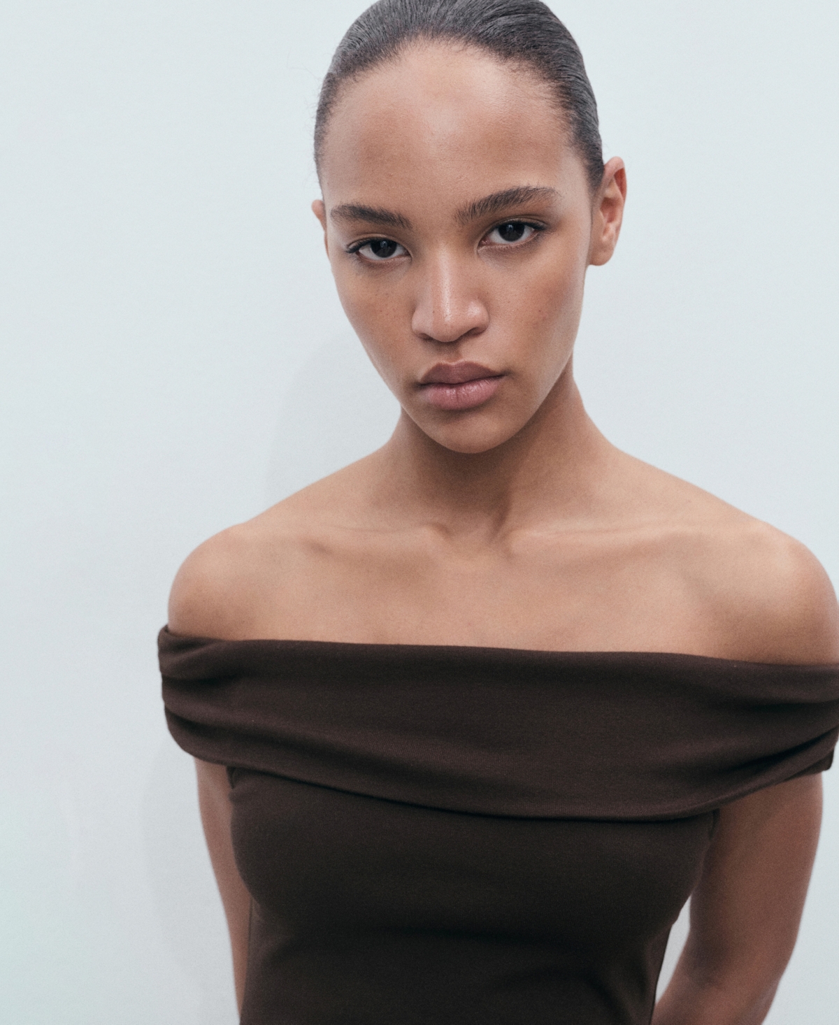 Mango Pleated Off The Shoulder Dress In Black