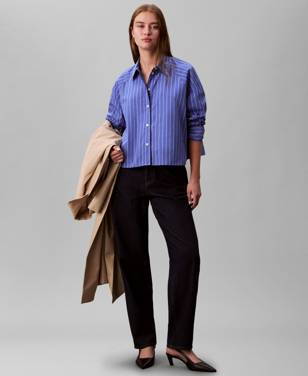 Calvin Klein Jeans Est.1978 Stripe Cropped Boxy Button-down Shirt In Blue