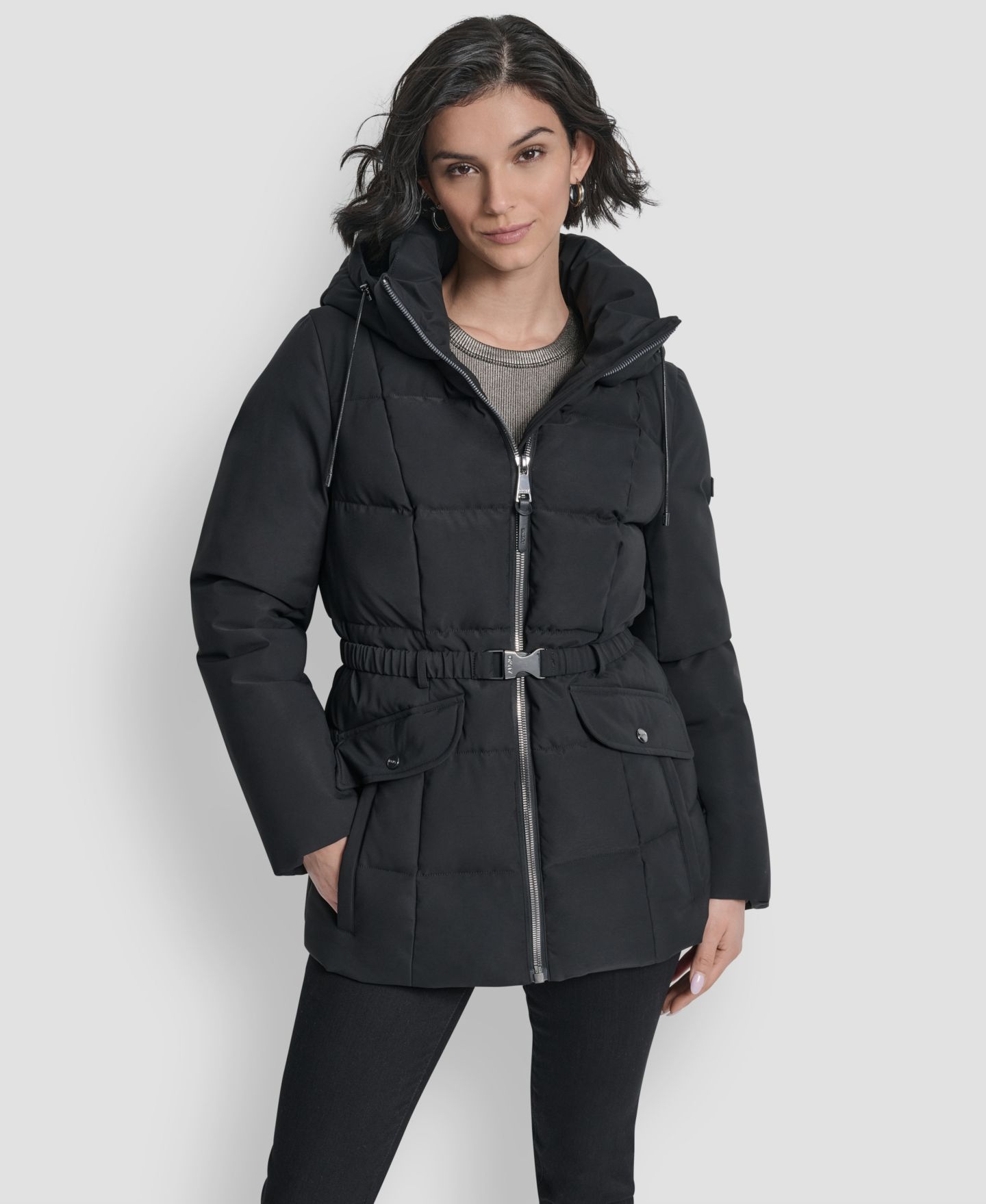Женская куртка DKNY Belted Hooded Puffer, цвет: Чёрный — фото 1