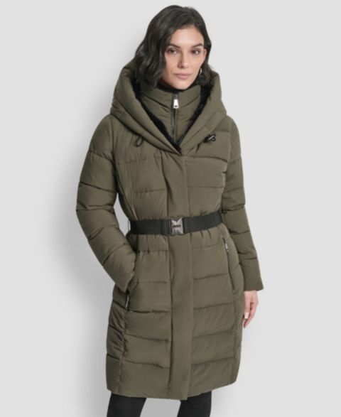 Женские куртки DKNY Belted Asymmetrical Zip Front Puffer Coat