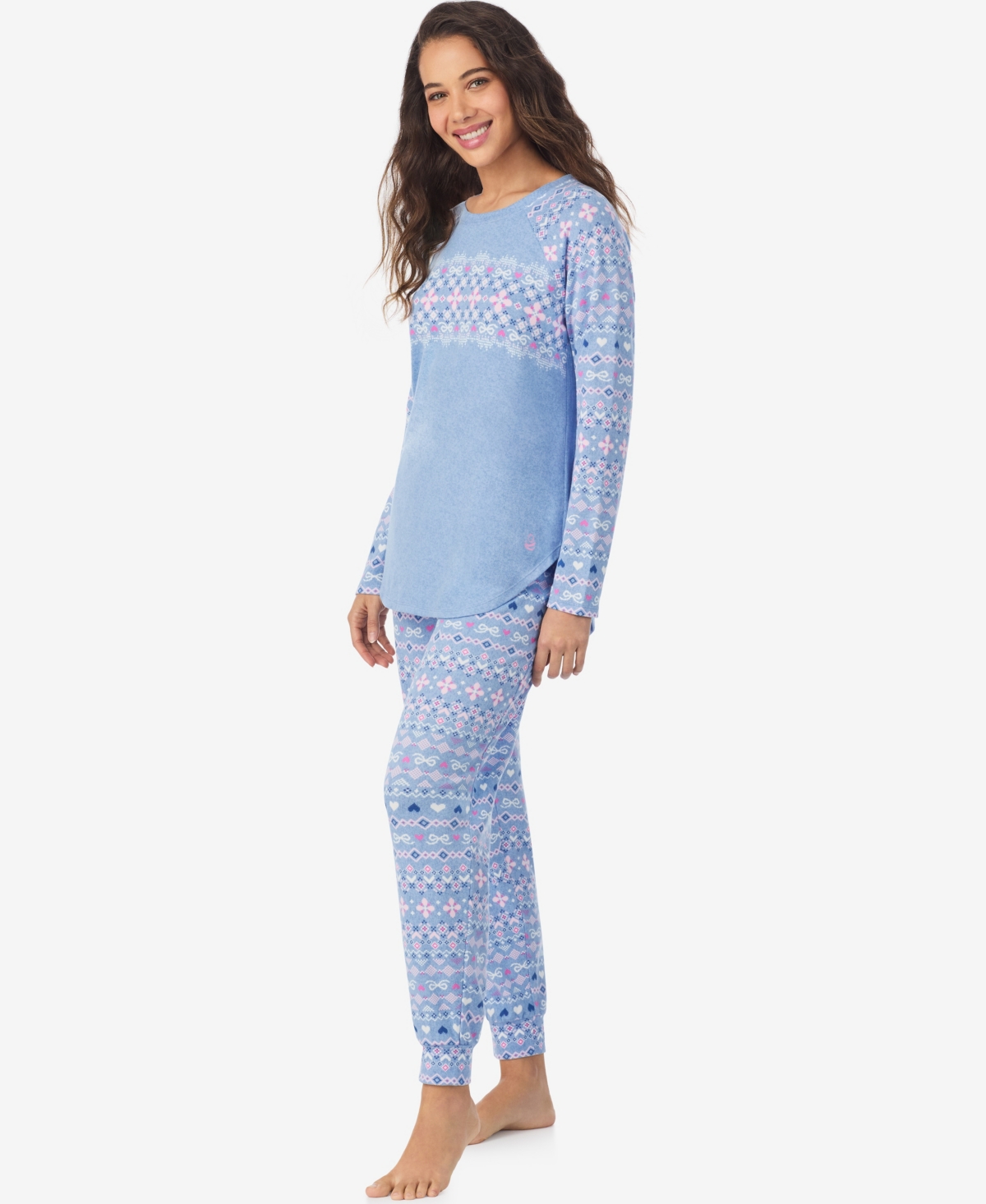 Cuddl Duds Women's Long Sleeve Crewneck Top And Jogger Pajama Set In Blue