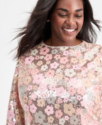 Trendy Plus Size Floral Sequin Embellished Shift Dress, Macy's Exclusive