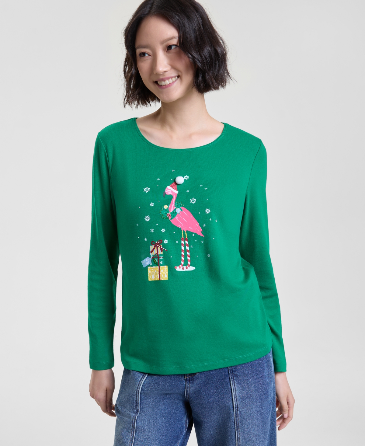 Holiday Lane Women's Flamingo Long-Sleeve Top, Macy's Exclusive