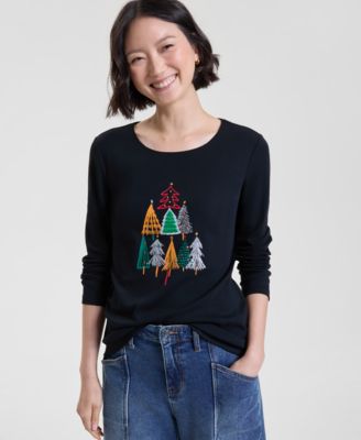 Holiday Lane - Petite Festive Trees Scoop Neck T-Shirt