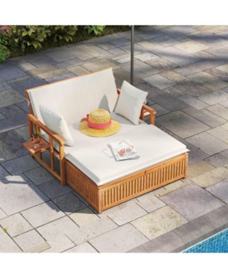 Outdoor Wooden Daybed with 4-Level Backrest & Removable Cushions for Poolside