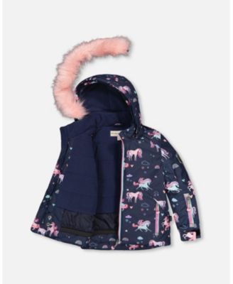 Big Girls Two-Piece Play Snowsuit Navy Unicorn Print