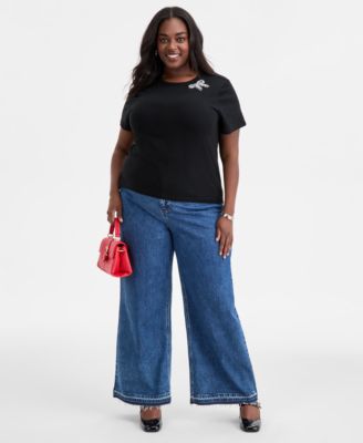 Trendy Plus Size Embellished Bow Cotton T-Shirt, Macy's Exclusive