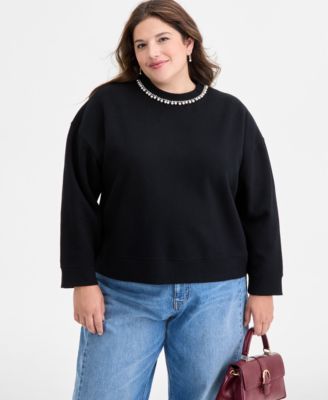 On 34th - Trendy Plus Size Embellished-Neck Long-Sleeve Sweatshirt