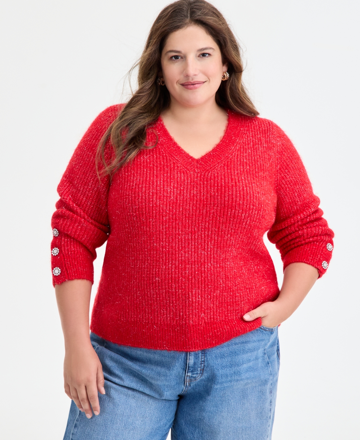 On 34th Trendy Plus Embellished-Cuff Sweater, Macy's Exclusive