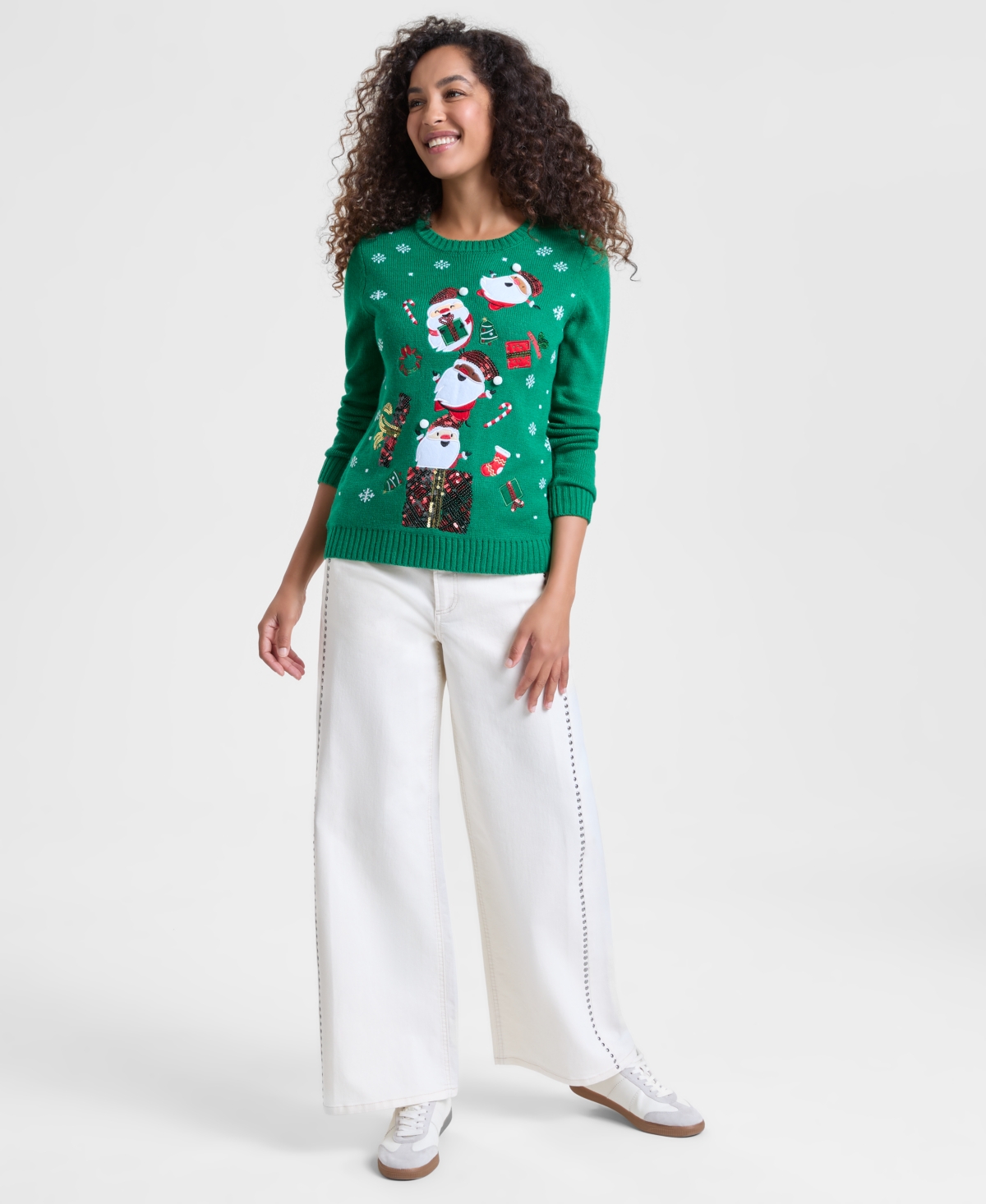 Holiday Lane Women's Santa Surprise Sequined Sweater, Created For Macy's In Green