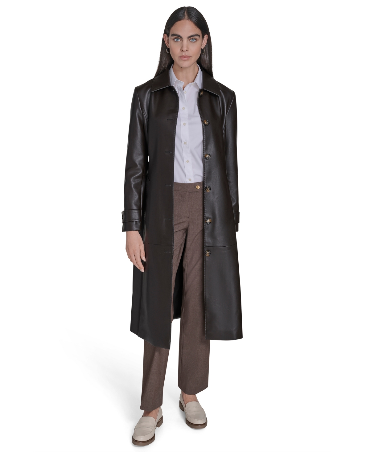 Calvin Klein Petite Faux-leather Trench Coat In Brown