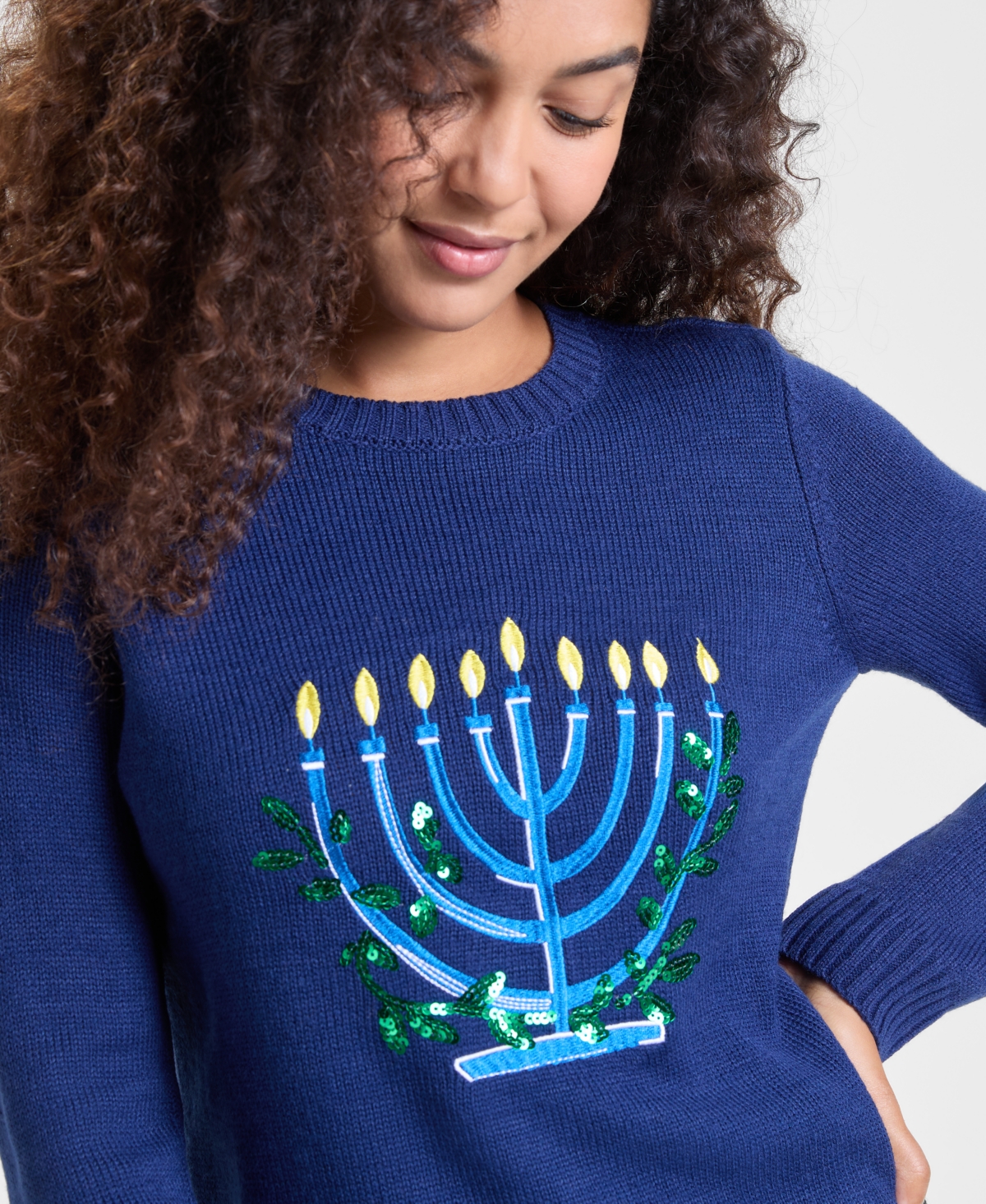 Holiday Lane Women's Menorah Graphic Sweater In Blue