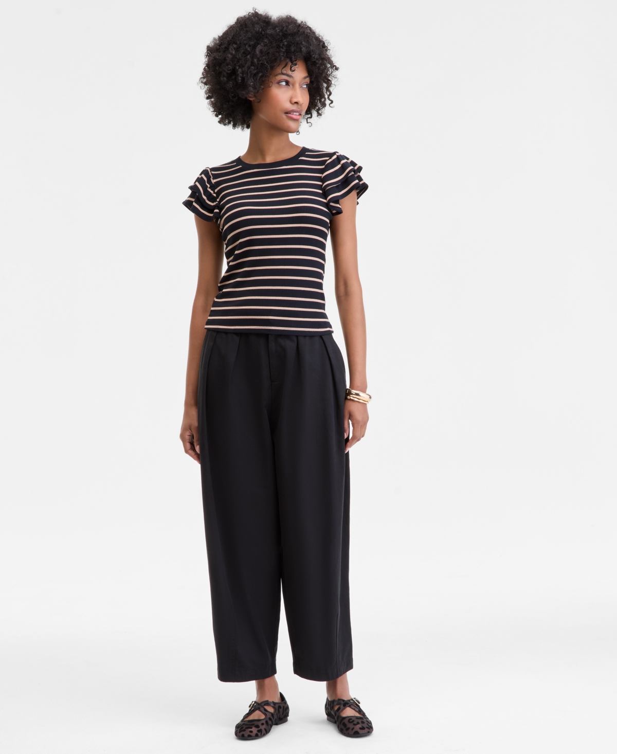 On 34th Women's Flutter-sleeve Ribbed Top, Created For Macy's In Black