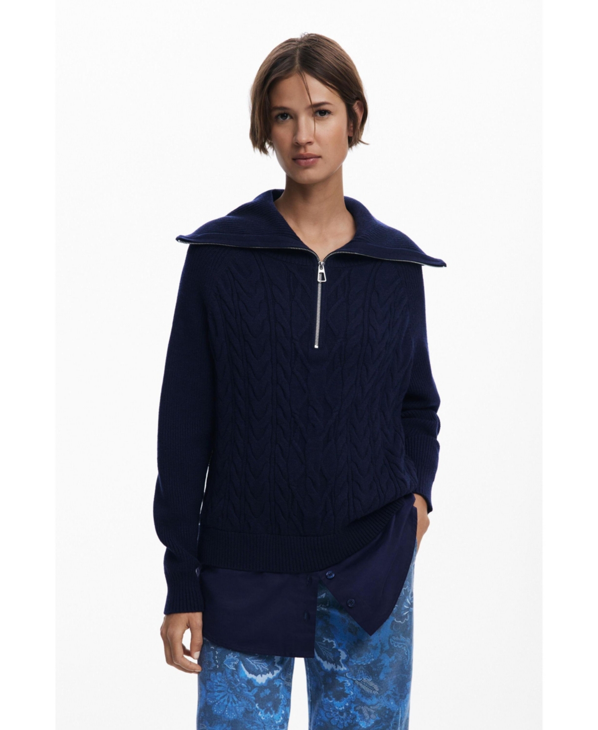 Desigual Mixed Media Oversize Cable Half Zip Sweater In Blue