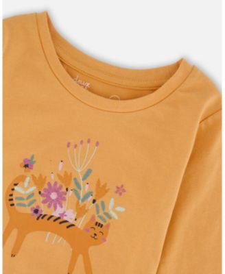Girl Cotton T-Shirt Golden Yellow with Cat - Toddler|Child