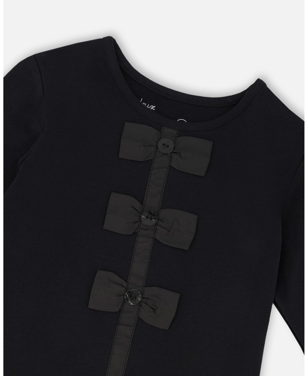 Deux par Girl Long Sleeve Cotton Jersey Bow Tee Black