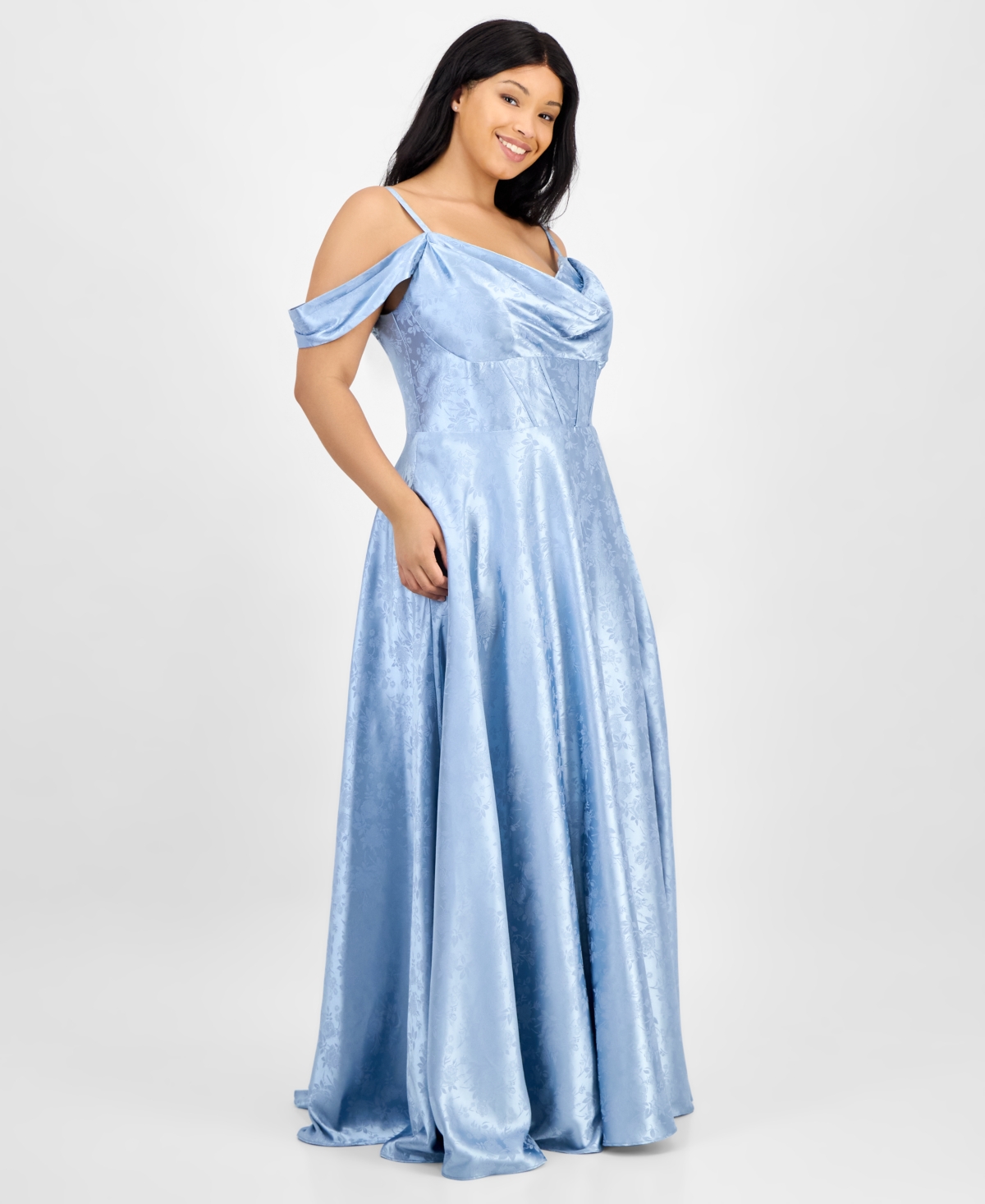 B Darlin Trendy Plus Size Off-the-shoulder Satin Jacquard Gown In Blue