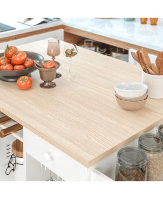 Rolling Kitchen Island Cart with Drop-Leaf and Wine Rack, White