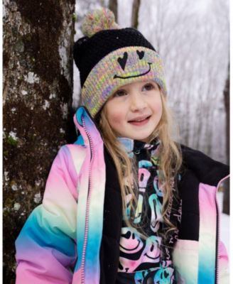 Girl Lined Knit Hat with Pompom Black and Multicolor - Toddler|Child