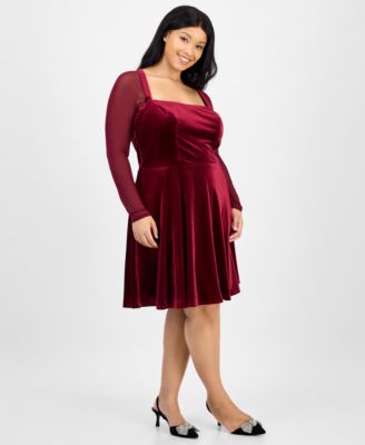 Trendy Plus Size Mesh-Sleeve Velvet Fit & Flare Dress