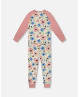 Girl Cotton Two-Piece Pajamas Off-White Flower Print - Toddler|Child