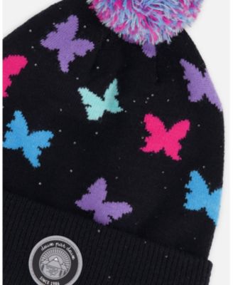 Girl Lined Knit Pompom Hat Black Butterfly Pattern - Toddler|Child
