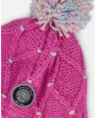 Girl Lined Peruvian Knit Hat with Pompom Pink and Multicolor - Toddler|Child