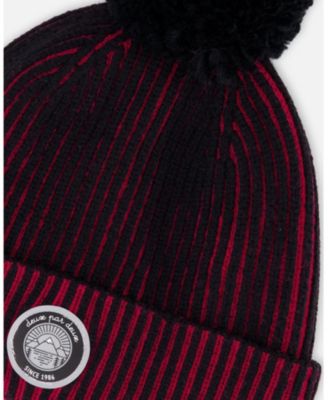 Boy Lined Knit Pompom Hat Red and Black - Toddler|Child