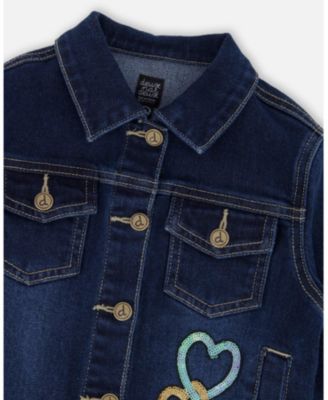 Girl Stretch Denim Jacket Dark Blue with Glittery Hearts and Unicorn - Child