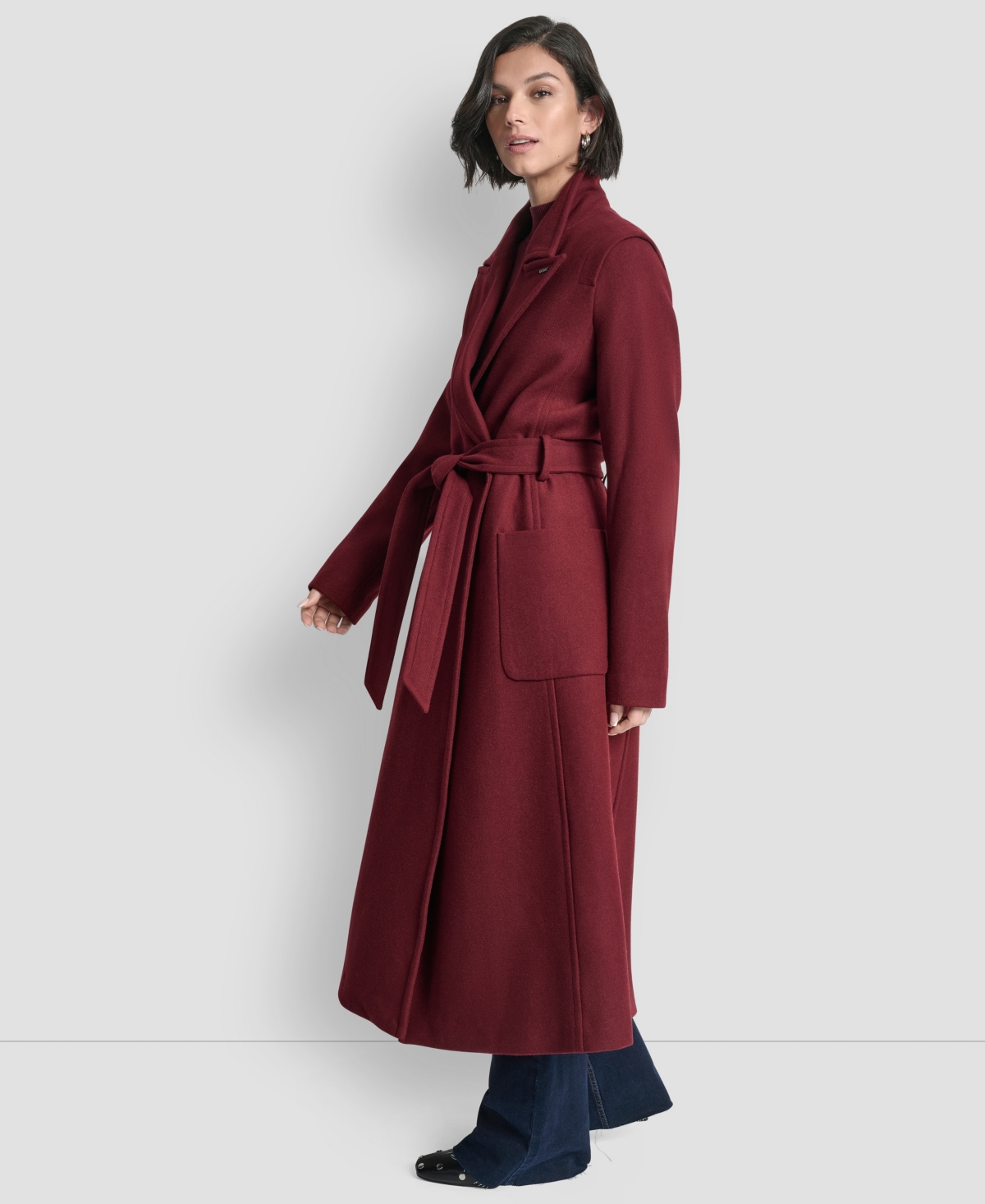 Dkny Women's Notch Collar Belted Wrap Coat In Burgundy