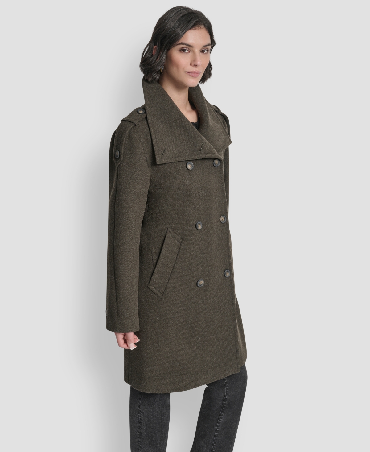Dkny Double Breasted Wool Blend Military Coat In Green