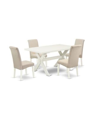 5-Piece Modern Dining Table Set an Excellent Linen White Kitchen Rectangular Table Top and 4 Stunning Linen Fabric Dining Chairs with High Roll Chair Back, Linen White Finish
