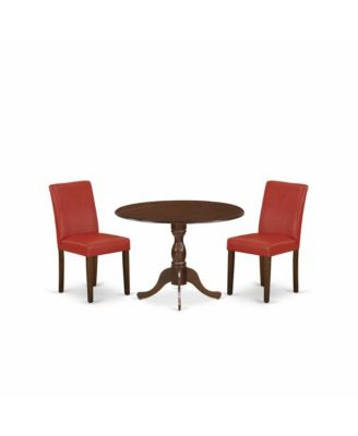 3-Piece Kitchen Set Mahogany Drop Leaf Table & 2 Firebrick Red PU Leather High Back Chairs Stylish & Compact Design