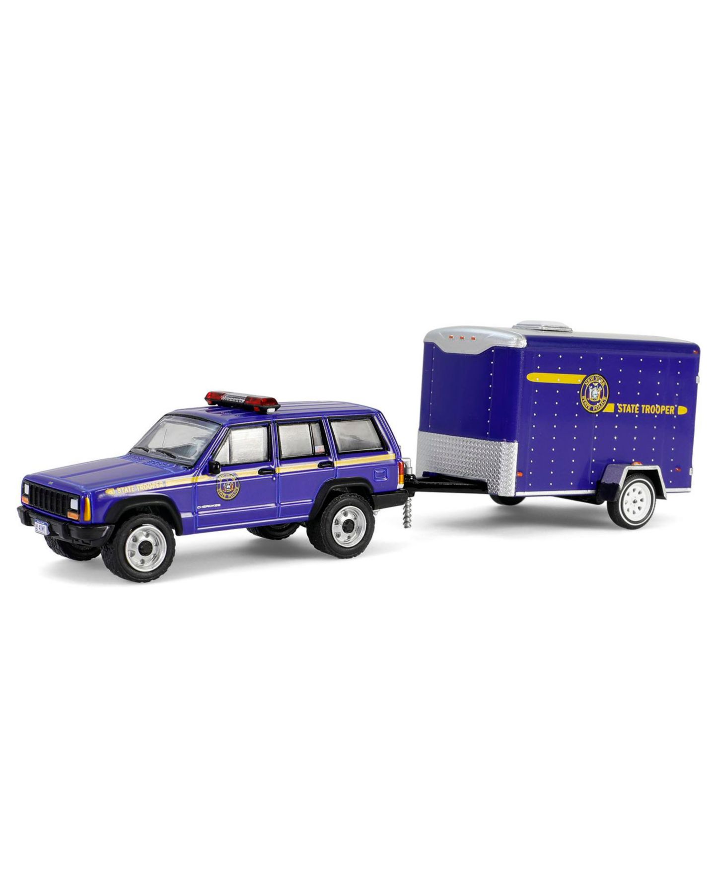Детские игрушки Greenlight 1/64 2001 Jeep Cherokee Trailer New York State Police Hot Pursuit Tow — фото 1
