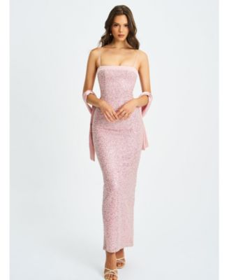 Women Raizel Pink Beaded Sequin Bodycon Gown with Scarf