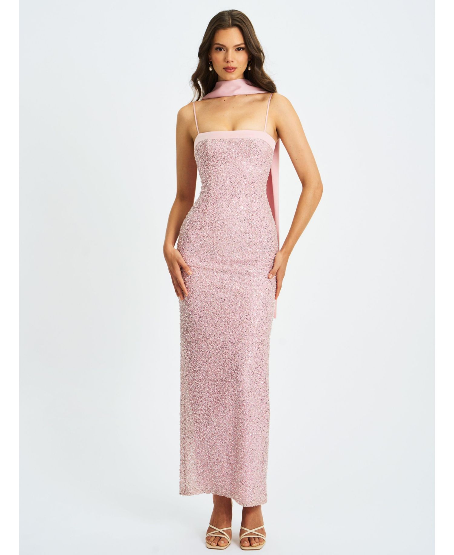 Women Raizel Pink Beaded Sequin Bodycon Gown with Scarf