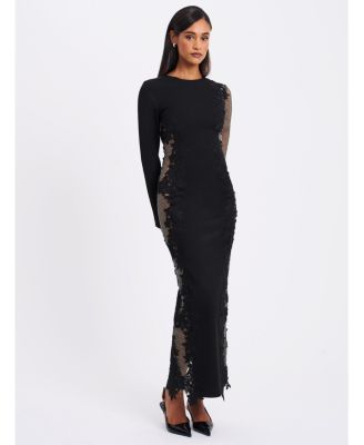 Women's Bailey Lace Trim Crystal Net Cutout Long Sleeve Gown