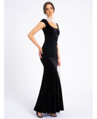 Women Rachael Black Velvet Pearl Embellished Gown