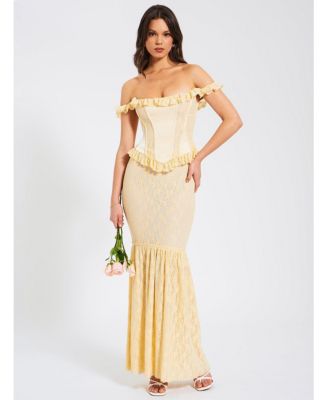 Women's Ersilia Pale Yellow Satin Lace Peplum Corset Off Shoulder Maxi Dress