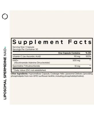 Liposomal Spermidine NAD+ Spermidine Supplement - 500 Mg NAD+ Vitamin C - Nicotinamide Adenine Dinucleotide Pills - 30 Capsules