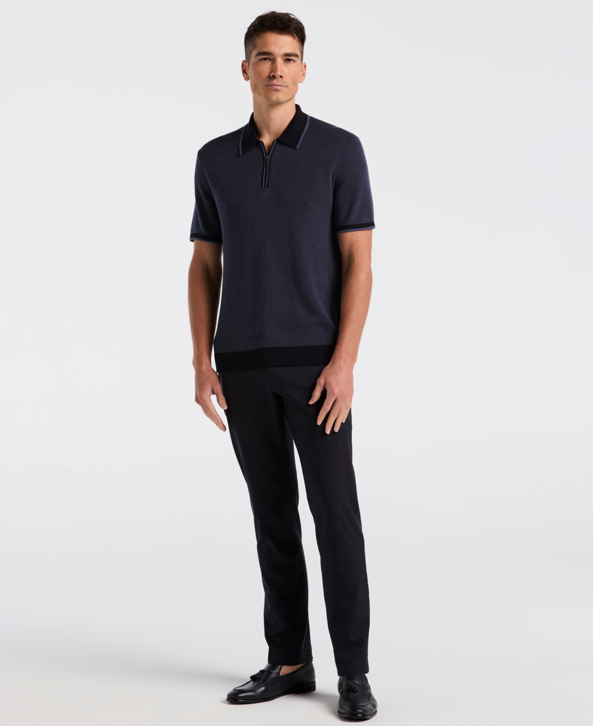 Perry Ellis Men's Bi-color Stitch Quarter-zip Short Sleeve Polo Shirt In Blue